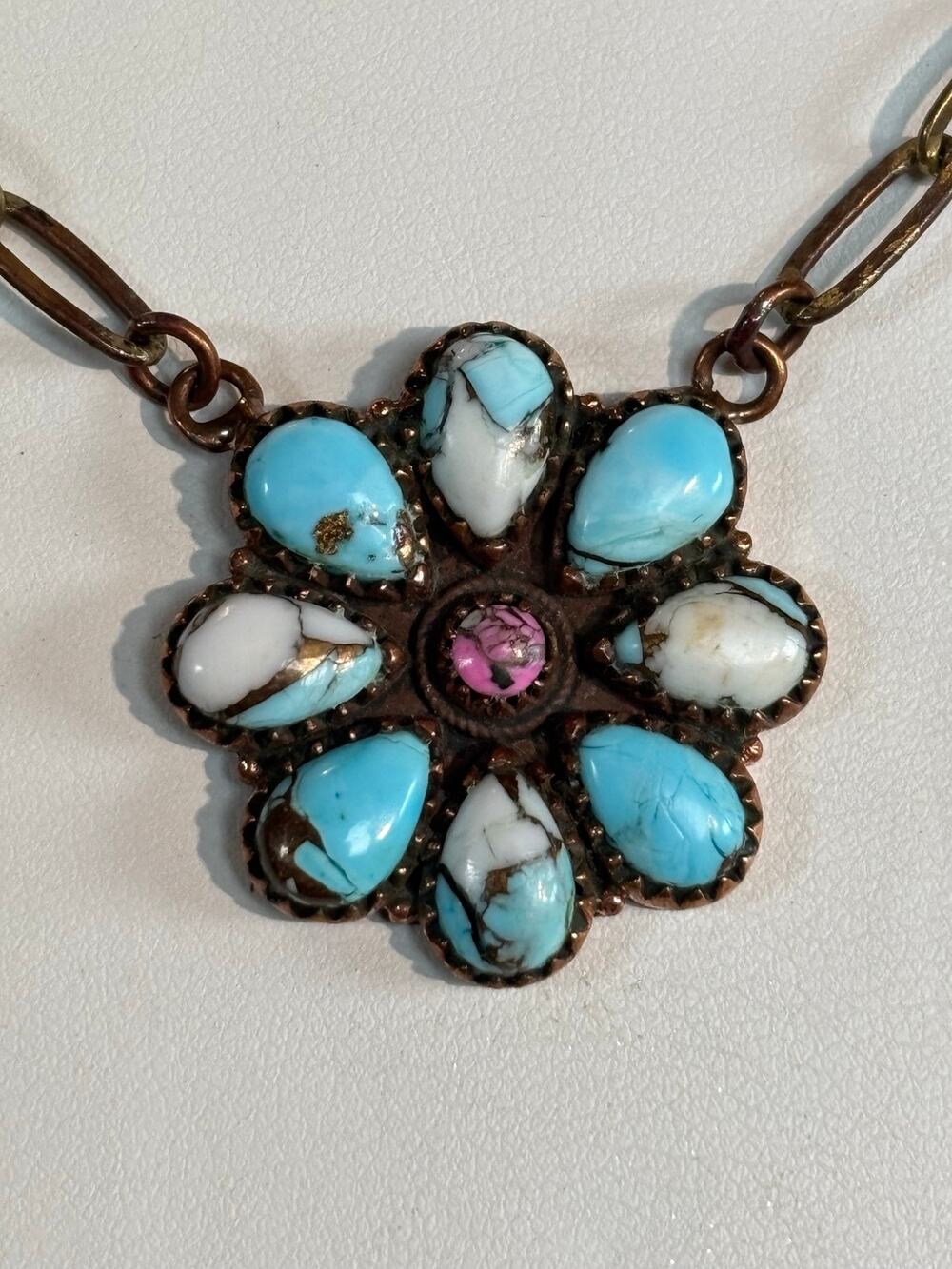 Cotton Candy Turquoise Cluster necklace set in Copper 18"